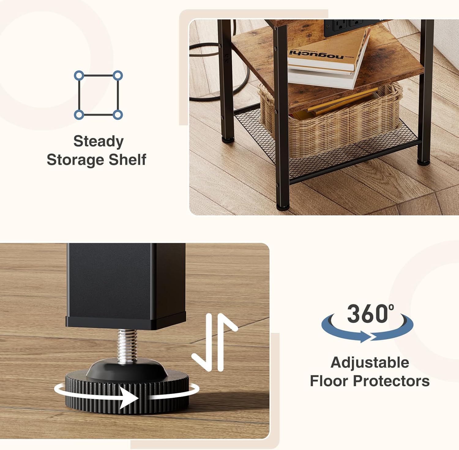 DUMOS 15.7" Small Side Table with Charging Station, End Table with Outlets & USB Ports, 3-Tier Adjustable Storage Nightstand for Living Room, Bedroom, Small Spaces, Record Player Stand, Rustic Brown