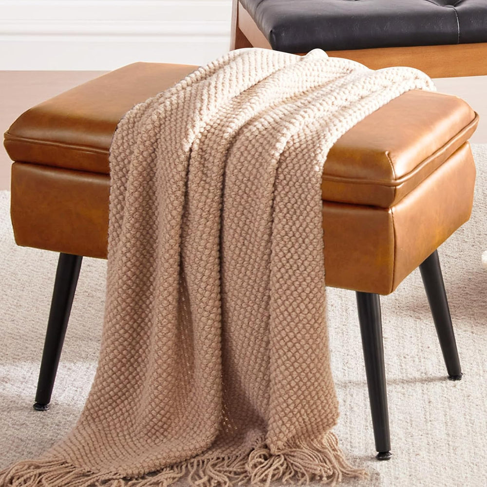 Square Storage Ottoman Upholstered Vanity Accent Stool Cognac Brown | Square ...