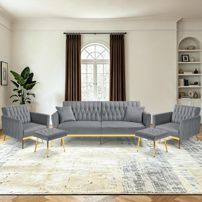 3 Pieces Velvet Sofa Set w/Adjustable Armrest &Backrest,Grey