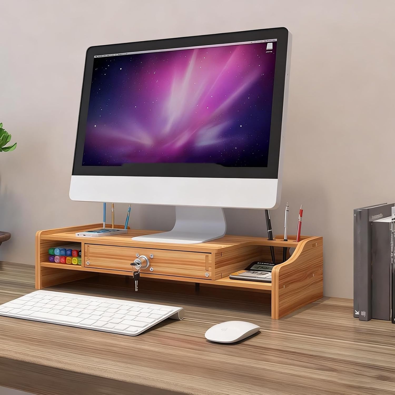 Computer Monitor Stand,Wooden Desktop Organizer Shelf - Desktop Organizer With Drawer,for Laptop Printer PC TV Screen Pen Home Dorm Hotel Restaurant Apartment