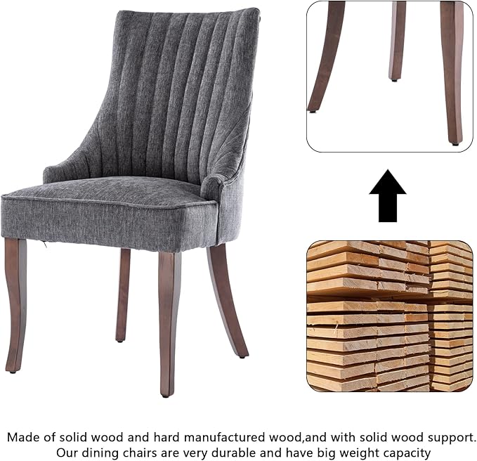 mikibama Linen Dining Chairs Set of 6 Channel Tufted Kitchen Dinner Chair Comfy Fabric Upholstered Accent Chair for Dining Room with Solid Wood Legs (Grey 6pc)