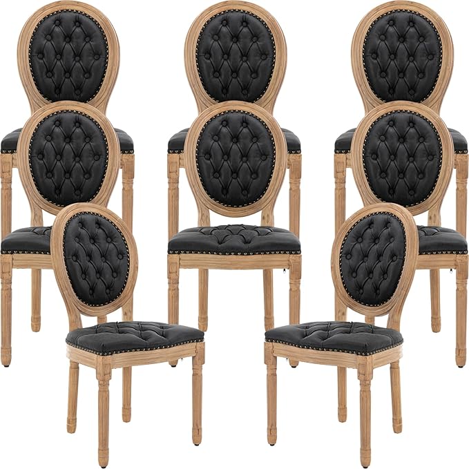 French Country Dining Chairs Set of 8, Black Kitchen & Dining Room Chairs Set of 8, Faux Leather Kitchen Chairs, Tufted Upholstered, Wood Legs, Sillas De Comedor (PU, Black, 8Pcs)