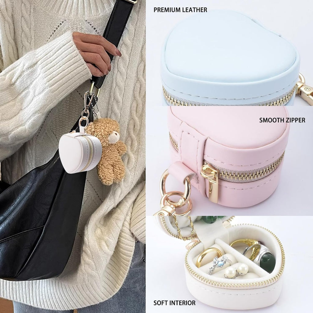 Heart Shape Ring Holder Keychain, Mini Travel Jewelry Case for Wedding Ring, Sports & Vacation, Portable Zipper Clutch Organizer for Earrings Necklace, Premium Gift for Women Girls (Pink)