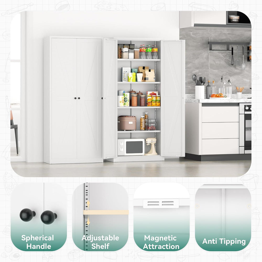 Greenvelly Metal Pantry Cabinet, 63” White Kitchen Pantry Cabinet with Doors ...