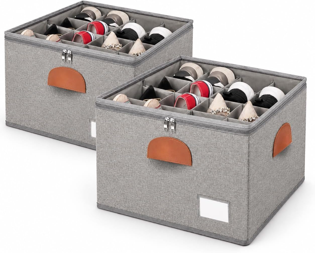 2 Pack Shoe Organizer for Closet Foldable Storage Box with Clear Cover | Fits 16-32 Pairs Boots and Heels Sneaker Sandals Stackable with Adjustable Divider Space Saving Dorm Grey