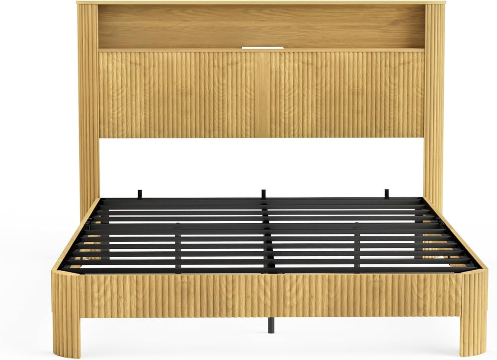 Peanu Queen Bed Frame, Storage Headboard, Charging Station, Silent, Natural
