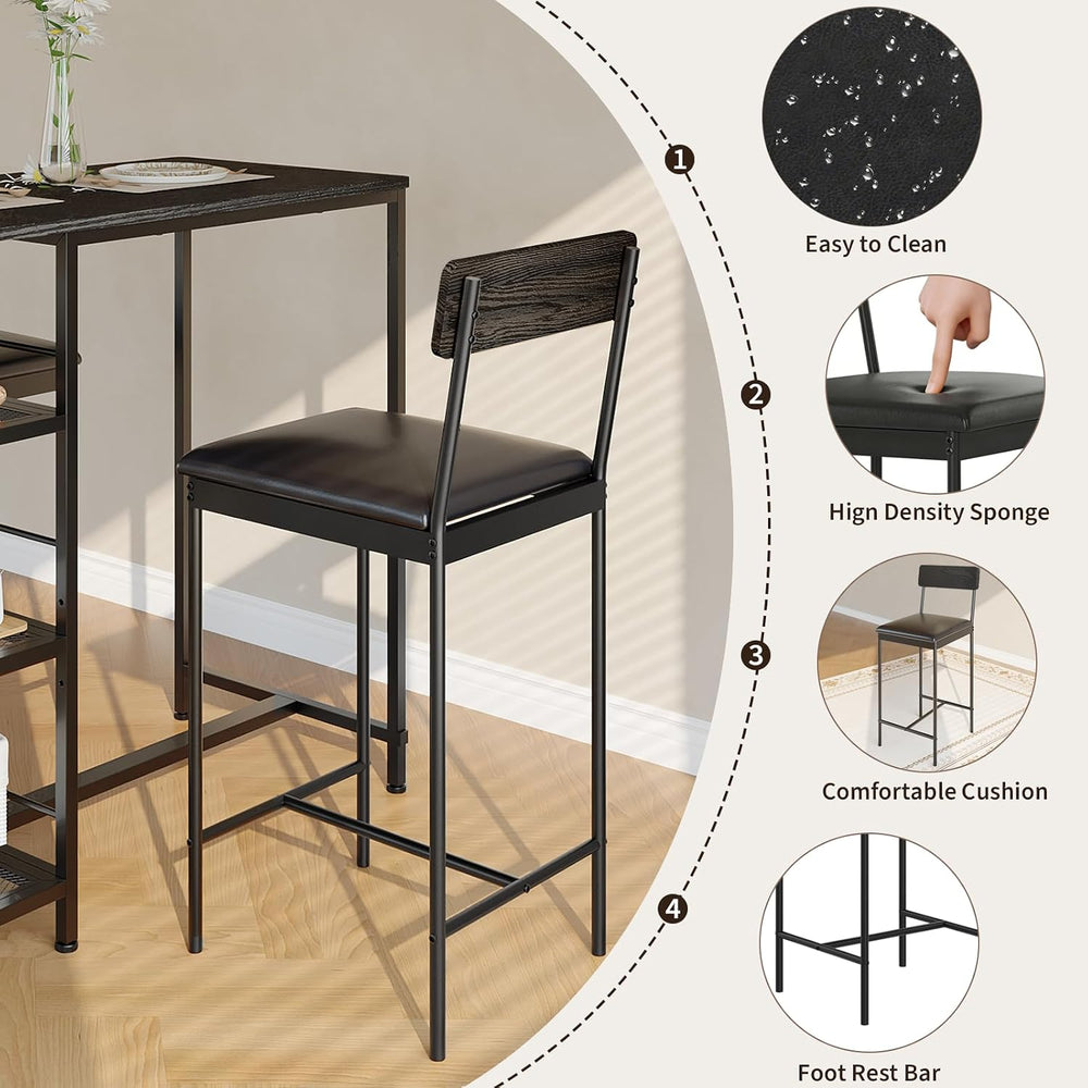 3-Piece Bar Table Set with 2 Bar Stools, Built-in Wine Rack and 3-Tier Storag...