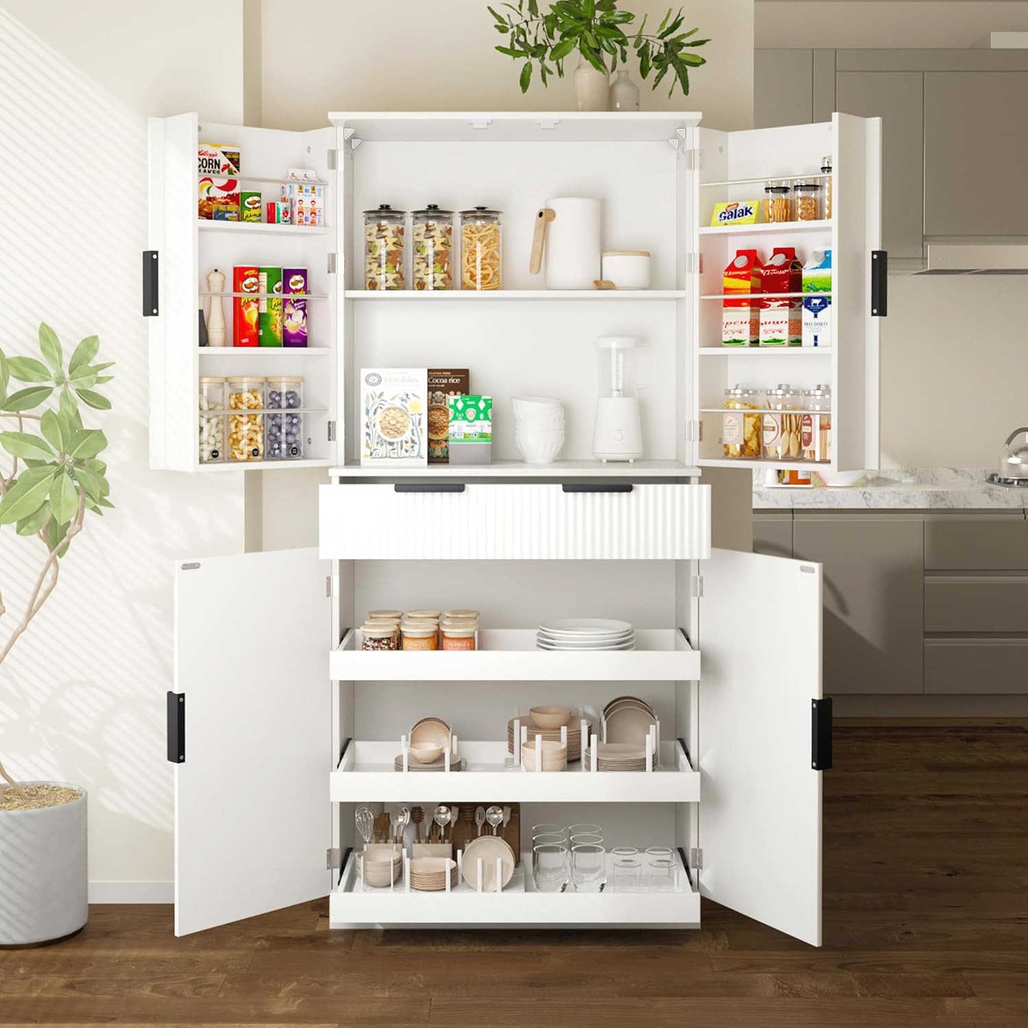 71.6'' Kitchen Pantry Cabinet, Fluted Storage Cabinet with 4 Doors + 6 Door Storage Shelves + 3 Sliding Shelves + 1 Drawer, Freestanding Wood Cupboard for Dining Room, Living Room, Bathroom