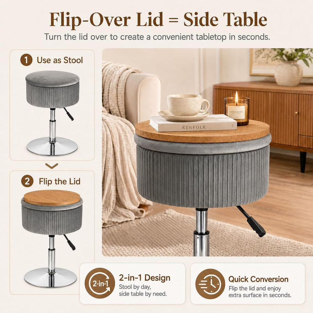 2 in 1 Adjustable Storage Vanity Stool with Flip-Over Wood Tray | 360° Swivel...