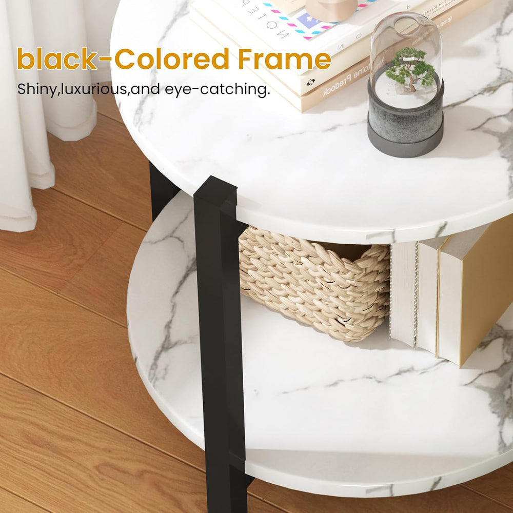 White and Black End Tables Set of 2, Round Marble Nightstand Set of 2 for Bed...