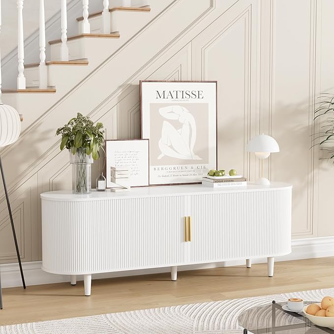 VOWNER 63" Fluted TV Stand, Modern Entertainment Center for TVs Up to 65" with Adjustable Shelves and Sliding Doors, Curved Media Console Table with Storage Cabinet for Living Room Bedroom (White)