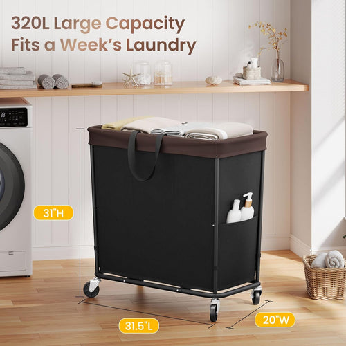 320L Laundry Basket with Wheels, 3-Section Rolling Hamper for Laundry, Extra Large Laundry Hamper with Wheels, Clothes Hamper Rolling Laundry Basket for Home, Bathrooms and Dorm(Black)