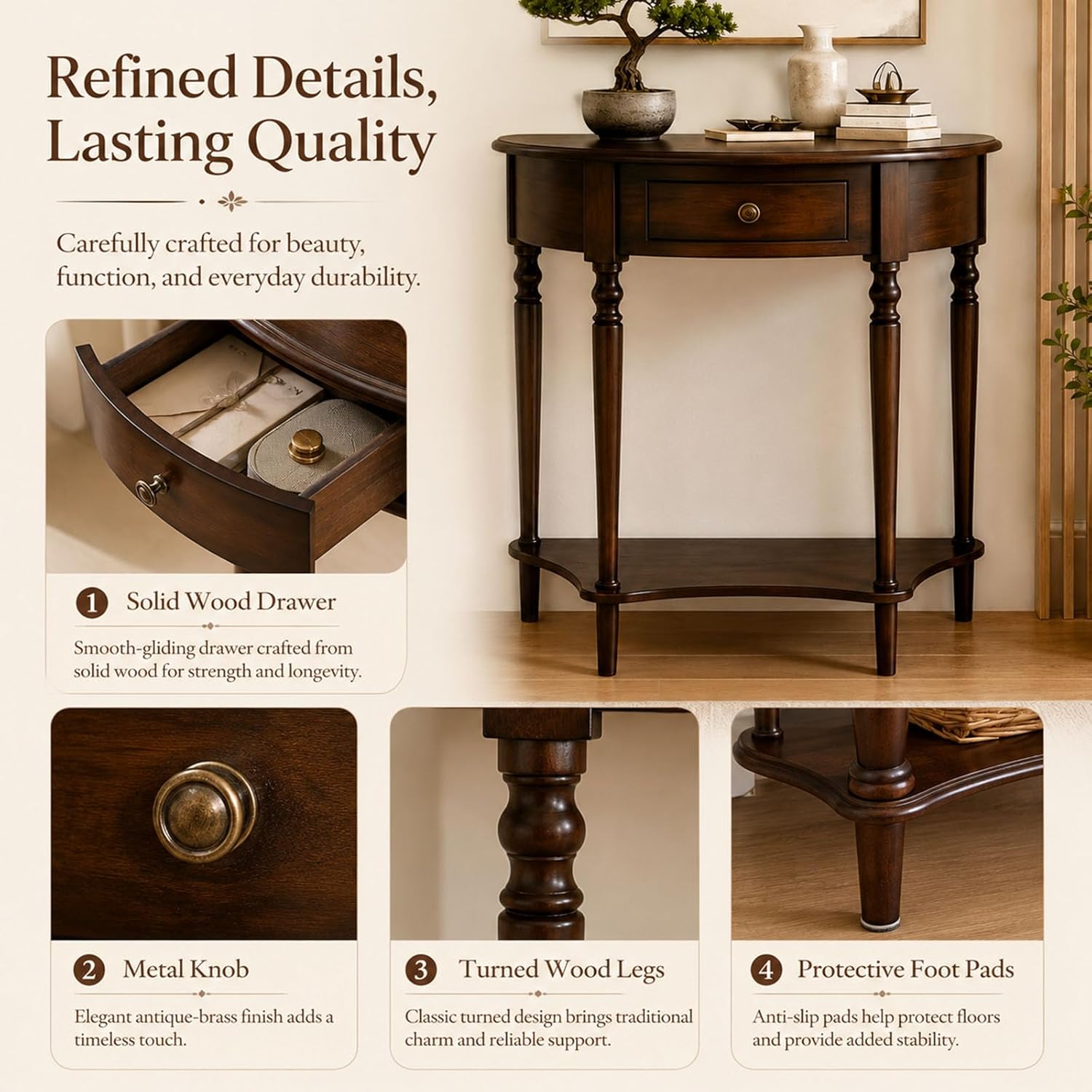 Half Moon Console Table with Drawer & Shelf, Half Round Wood Entryway Table, Narrow Small Console Table for Hallway, Foyer, Living Room & Small Spaces, （Dark Walnut 23.6IN）