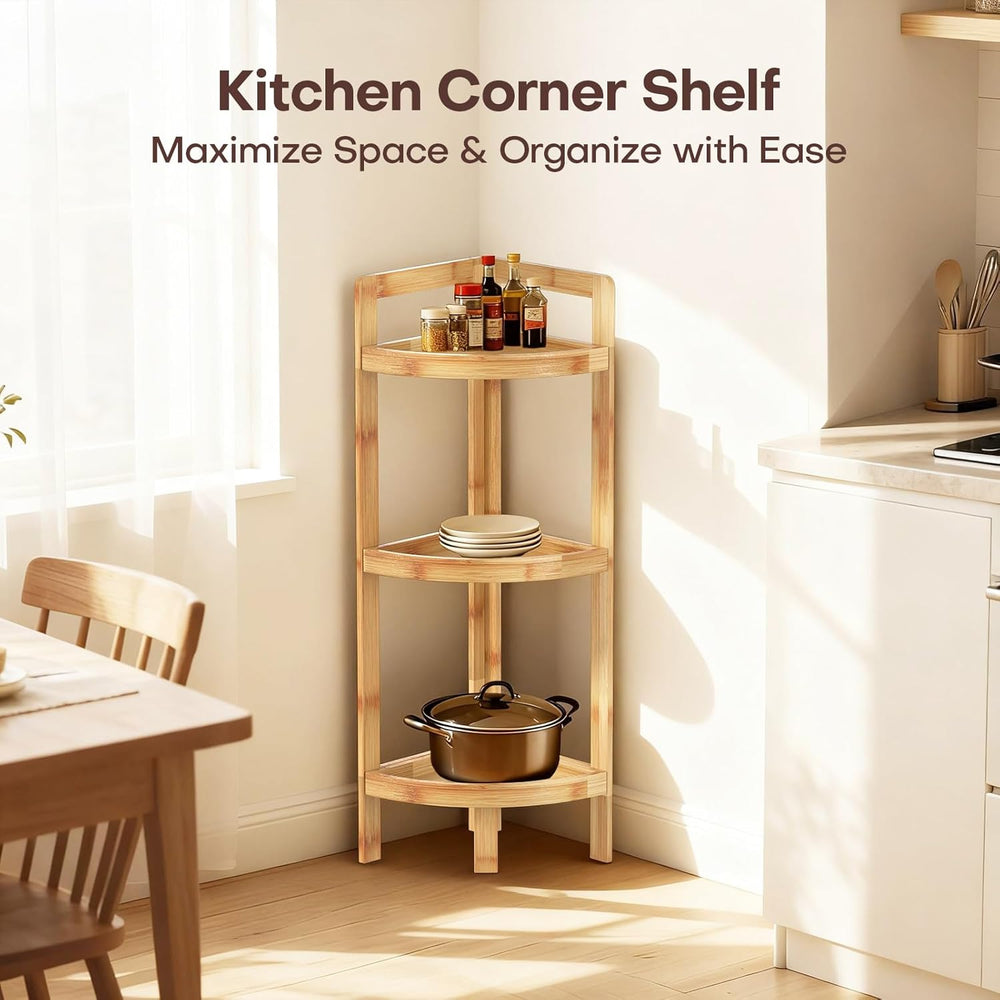 2026 New Bamboo Standing Shelf, 3 Tier Corner Shelf Stand, Free-Standing Shel...