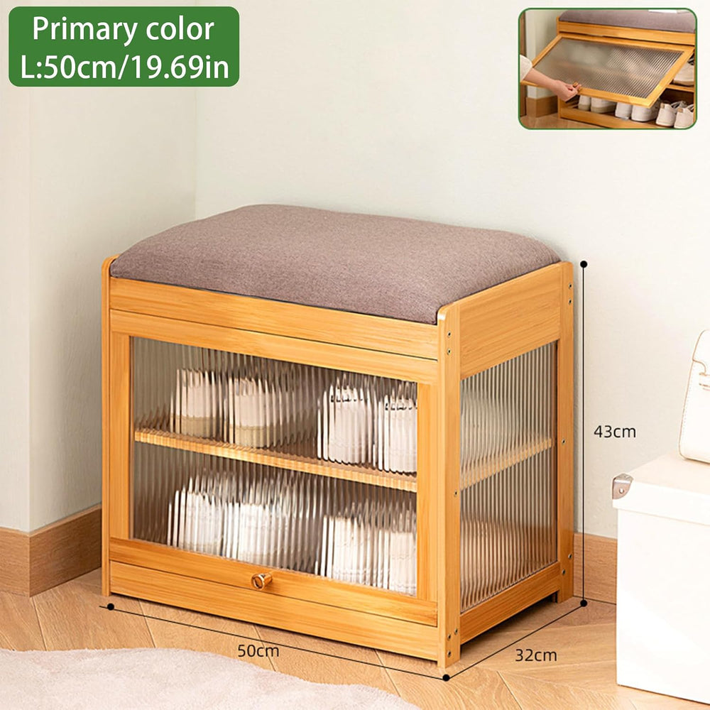 Shoe Storage Bench- Bamboo Entryway Bench with Seat Cushion, 2-Tier Shoe Rack...