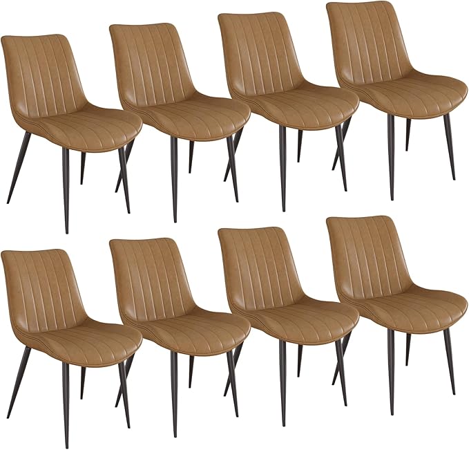 Dining Chairs Set of 8, Leather Modern Kitchen & Dining Room Chairs, Comfortable Upholstered Kitchen Chairs with Metal Legs Armless Side Chairs for Living Room Bedroom Restaurant Cafe, Brown