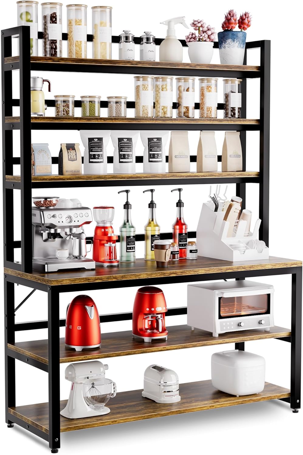 Bakers Racks for Kitchens with Storage, 6 Tiers Large(47.2“W x 15.7”D x 70.8" H) Kitchen Stand with Hutch, Freestanding Organizer with Shelves,Rustic Brown
