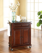 Crosley Furniture Compact Granite Top Small Rolling Cart with Shelves, Microwave Stand with Towel Rack, Mahogany