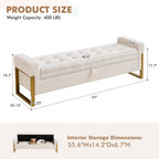 67" Storage Bench for Bedroom, King Size End of Bed Bench, Teddy Upholstered Storage Ottoman Bench with Golden Metal Legs, Bedroom Bench for Entryway, White