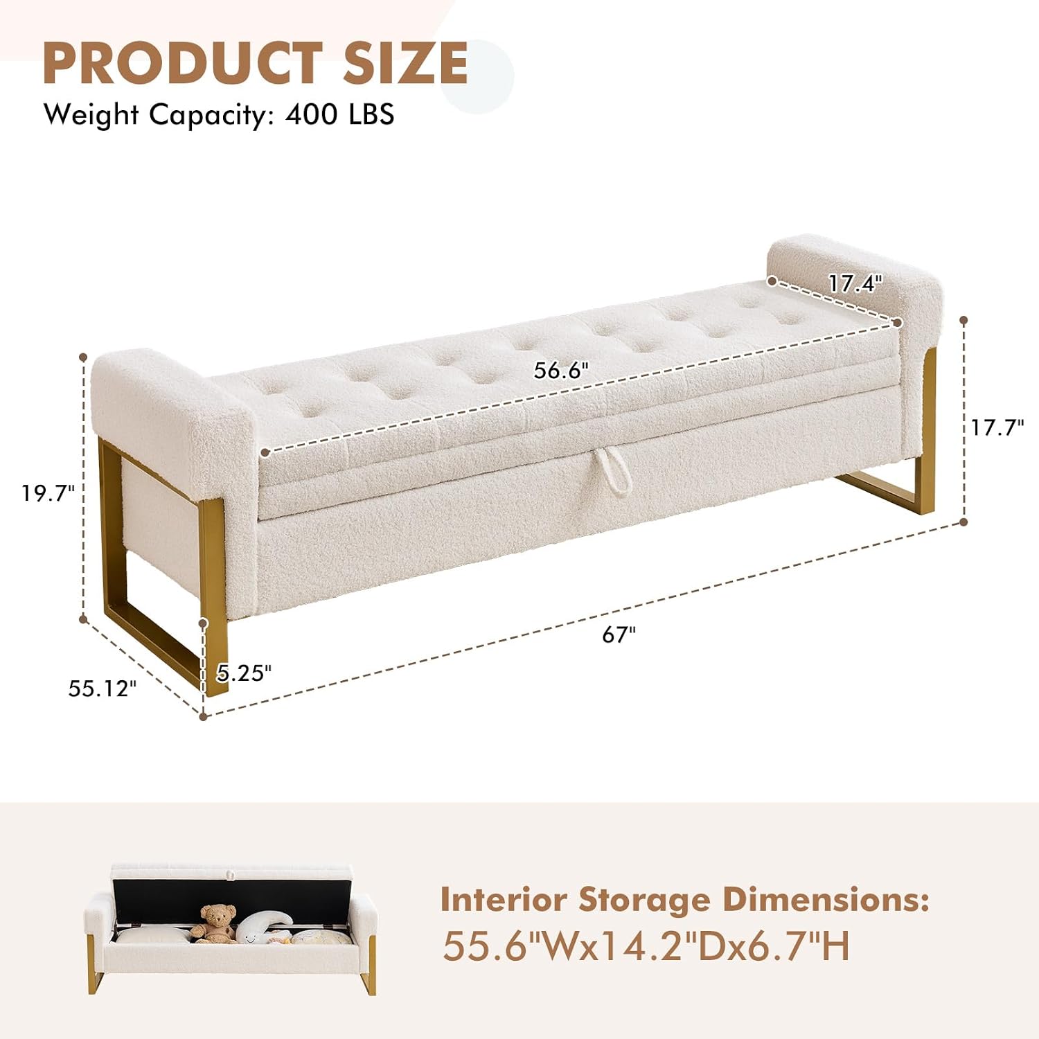 67" Storage Bench for Bedroom, King Size End of Bed Bench, Teddy Upholstered Storage Ottoman Bench with Golden Metal Legs, Bedroom Bench for Entryway, White
