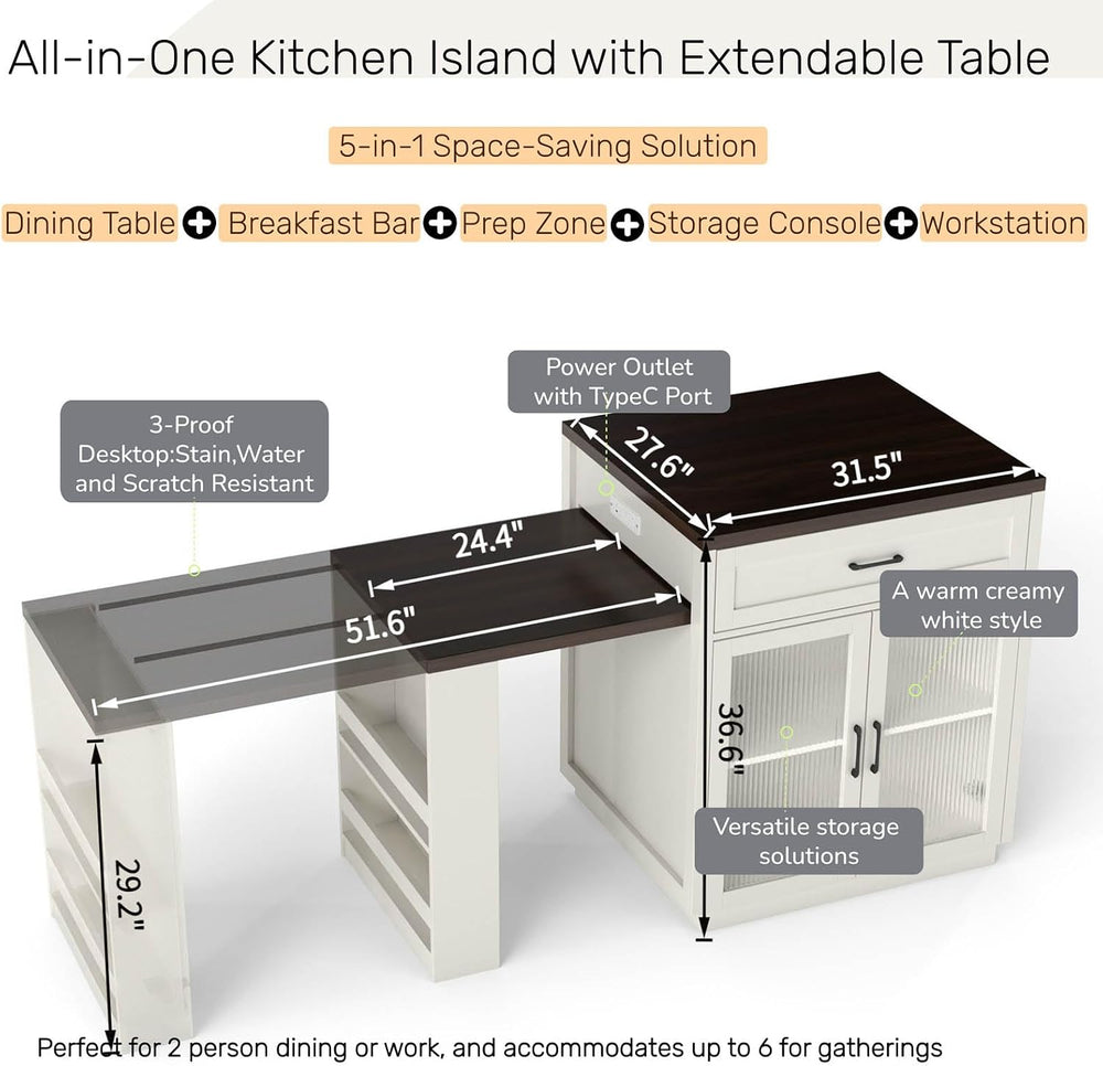 83'' Extendable Kitchen Island with Dining Table,2-in-1 Large Kitchen...