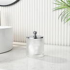 Clear Transparent Apothecary Ribbed Geometric Etched Glass Jar W/Silver/Chrome Metal Lid Cover for Bathroom Organization, Cotton Balls, Q Tips, and Small Accessories, Bathroom Storage