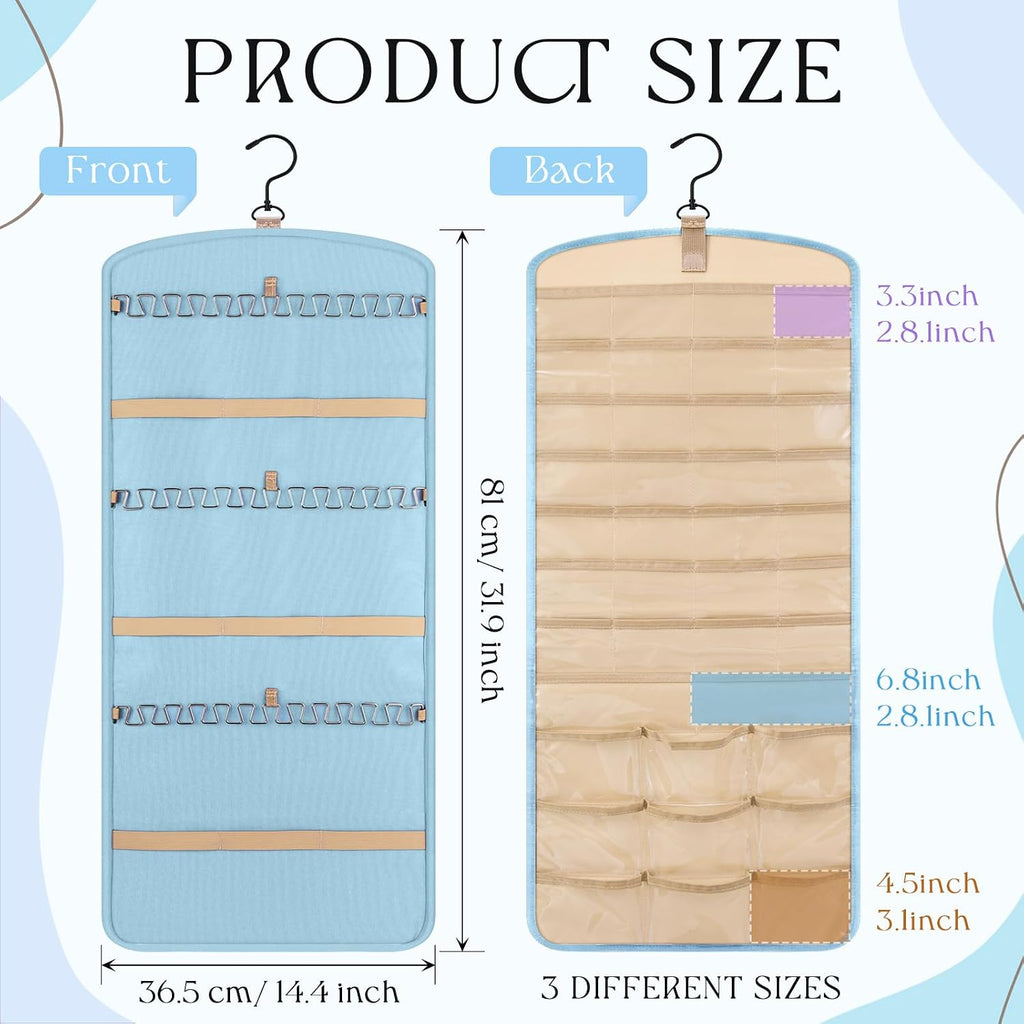 2 Pack Hanging Jewelry Organizer Storage with 39 Pockets, 30 Necklace Hooks Double Sided Wall Mount Earring Holder Organizer Bracelet Necklace Jewelry Display Hanger for Closet Door (Blue)