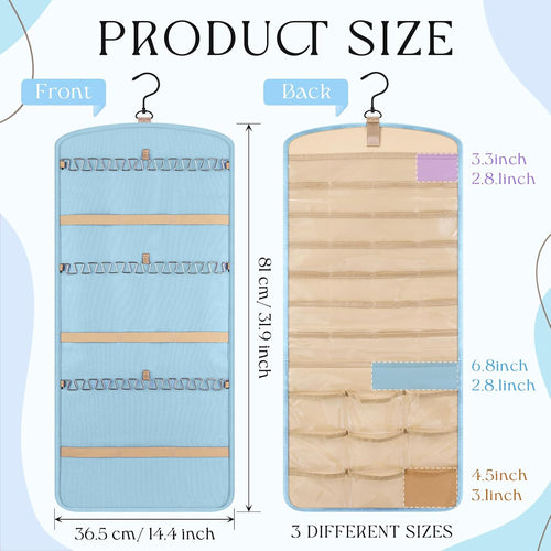 2 Pack Hanging Jewelry Organizer Storage with 39 Pockets, 30 Necklace Hooks Double Sided Wall Mount Earring Holder Organizer Bracelet Necklace Jewelry Display Hanger for Closet Door (Blue)