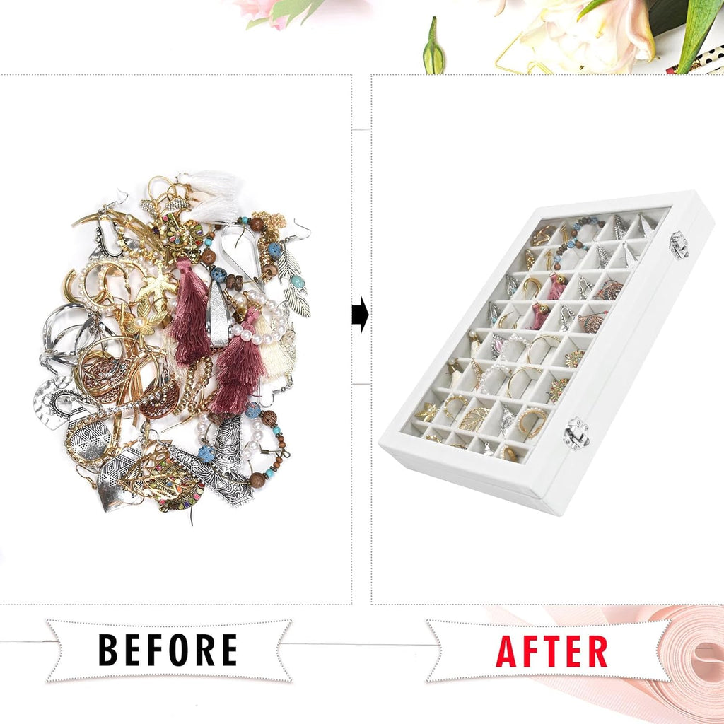 Velvet Jewelry Tray 48 Grid Jewelry Display Tray Organizer Box with Transparent Lid Rings Earrings Necklaces Pendants Display Box Suitable for Women and Girls (Ivory)