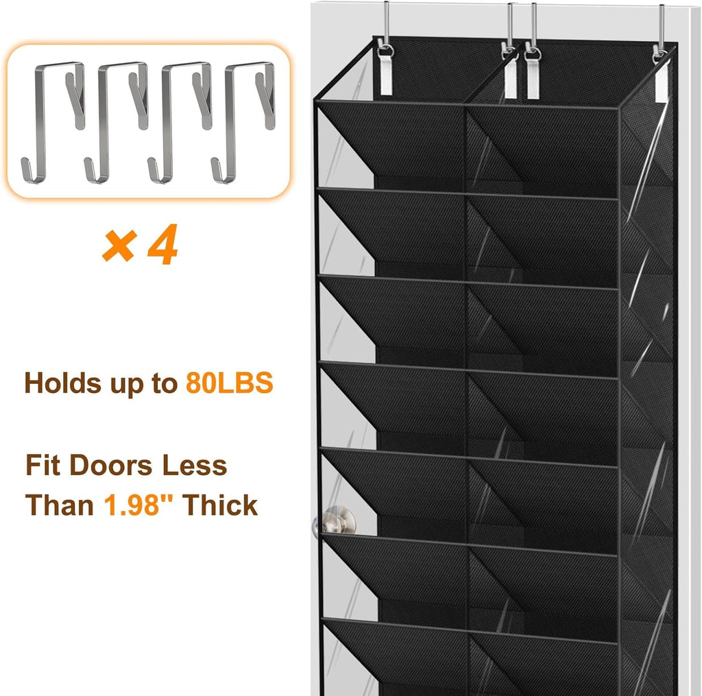 UVIAHOMI 20-30 Pairs Over the Door Shoe Organizer, Clear Pockets Hanging Shoe Storage for Closet, 10-Tier Door Shoes Rack, Handing Shoes Holder Fit All the Family's Sneakers, Boots, Heels, Black