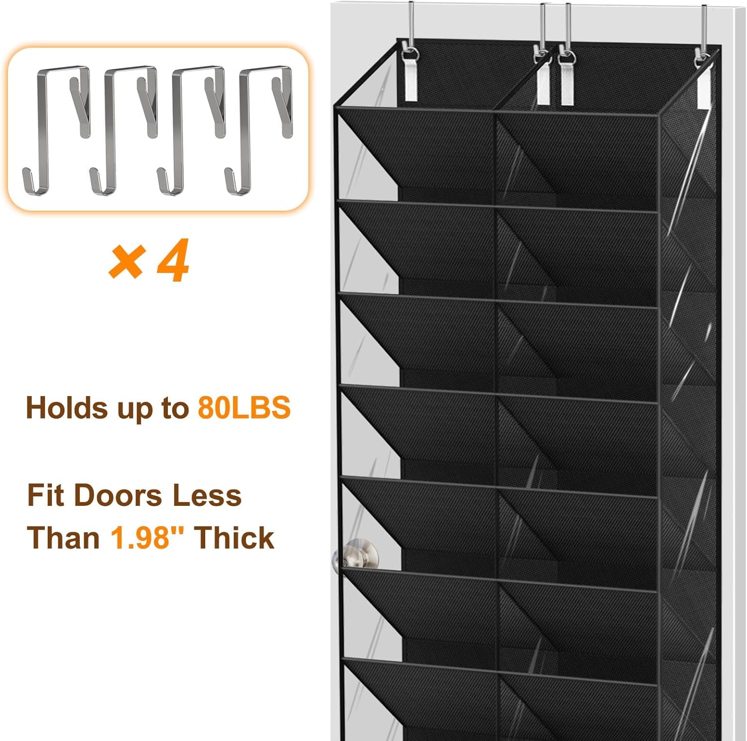 UVIAHOMI 20-30 Pairs Over the Door Shoe Organizer, Clear Pockets Hanging Shoe Storage for Closet, 10-Tier Door Shoes Rack, Handing Shoes Holder Fit All the Family's Sneakers, Boots, Heels, Black