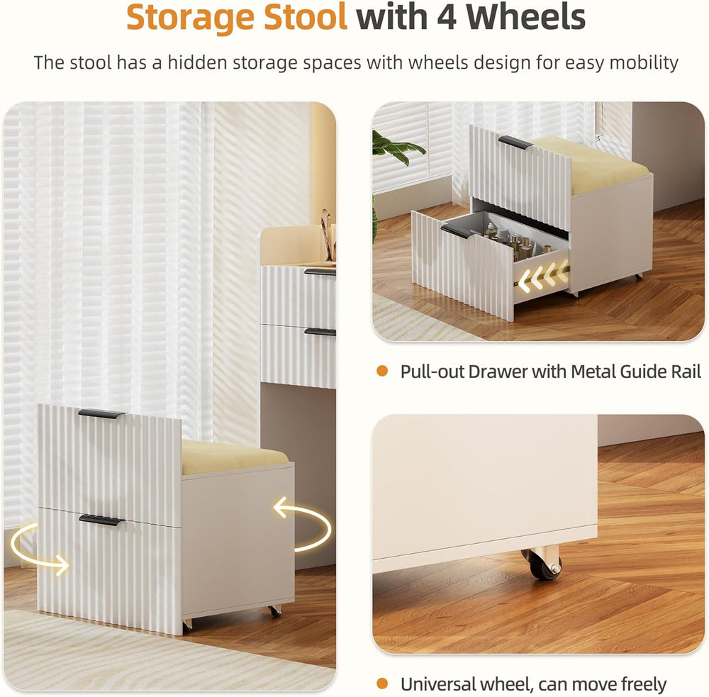 Small Vanity Desk with Mirror and Lights, 3-in-1 Compact Vanity Table | Chair...