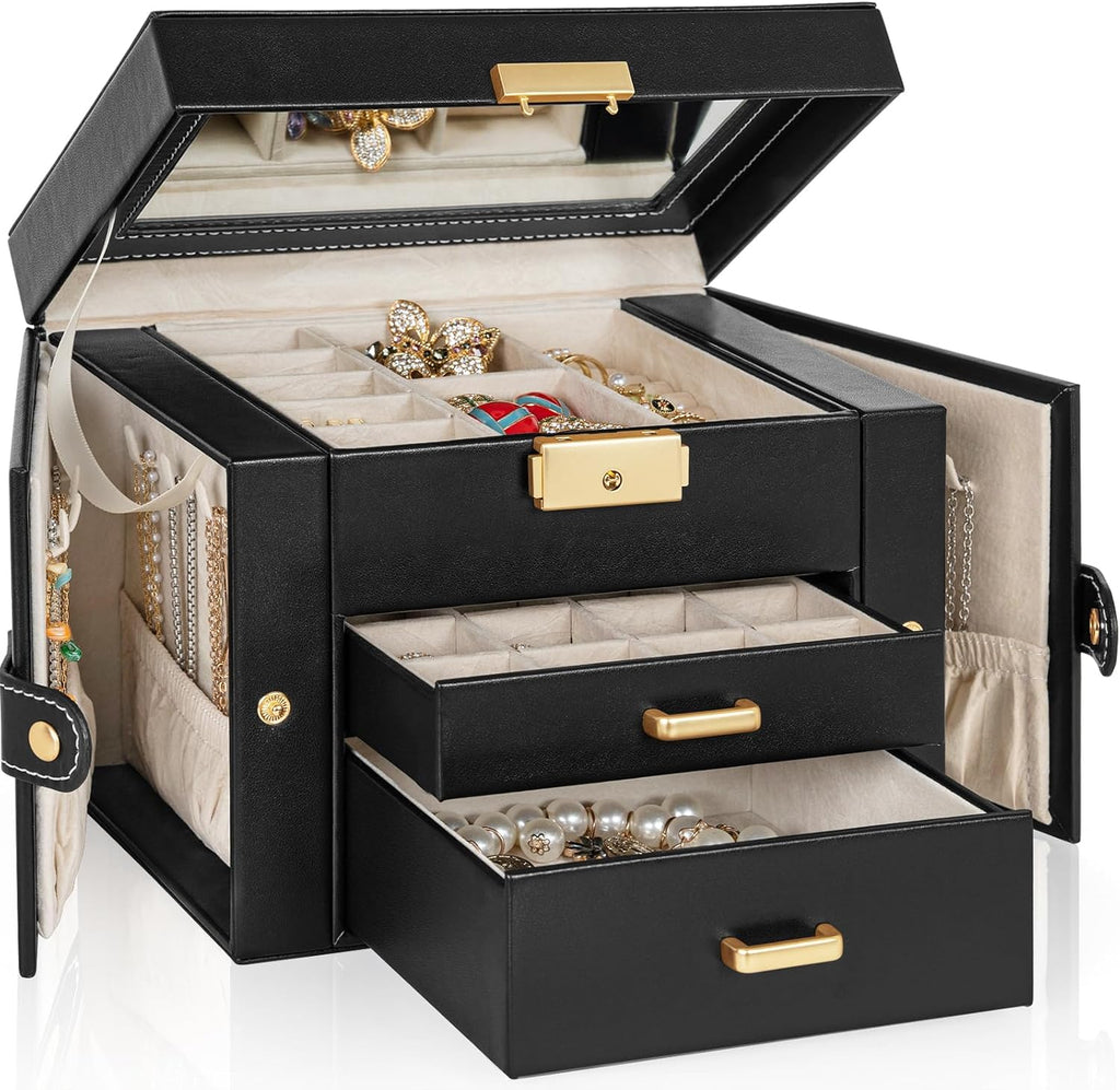 TORIBIO Jewelry Box for Women, Leather Jewelry Organizer with Mirror & Lock, 3-Tier Jewelry Storage Organizer with 2 Drawers for Girls/Women/Mothers, Necklace Earring Bracelets Holder Organizer