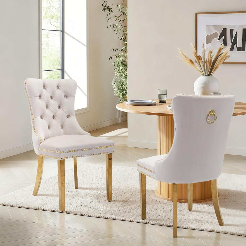 Velvet Dining Chair Set of 2,Upholstered Tufted Dining Room Chair with Nailhe...