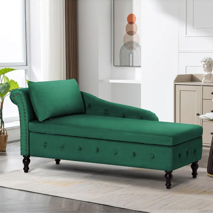 Velvet Chaise Lounge w/Left Armrest & Storage Space, Green