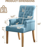 Fabric Dining Chair with Arms, Upholstered Tufted High Back Dining Room Chairs, Accent Armchair with Solid Wood Leg and Nailhead Trim, Kitchen Dining Living Room, Blue