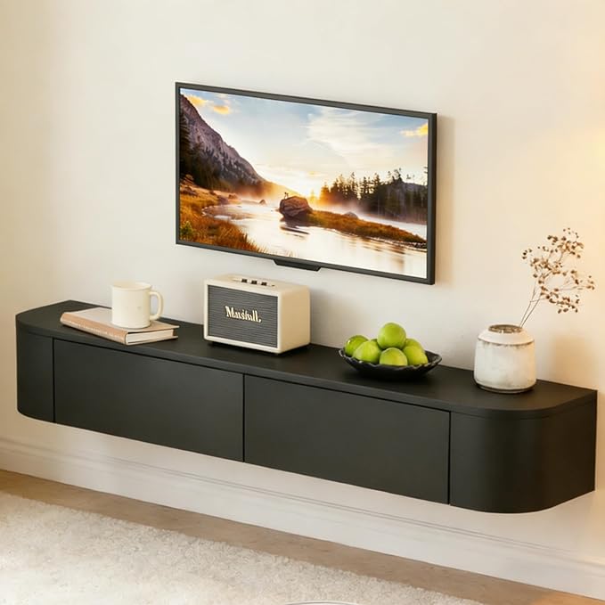 SHGJ&SOFT Floating TV Stand Wall Mounted Media Console with Door Entertainment Centerwith Storage Cabinets, Wall Mounted TV Shelf for Bedroom,Living Room (Black, 47.2IN)
