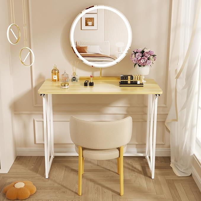 Mini Desk, 31.5" Small Desk for Bedroom, Foldable Desks for Small Spaces & Home Office, Easy Assembly, Beige Floor Patten