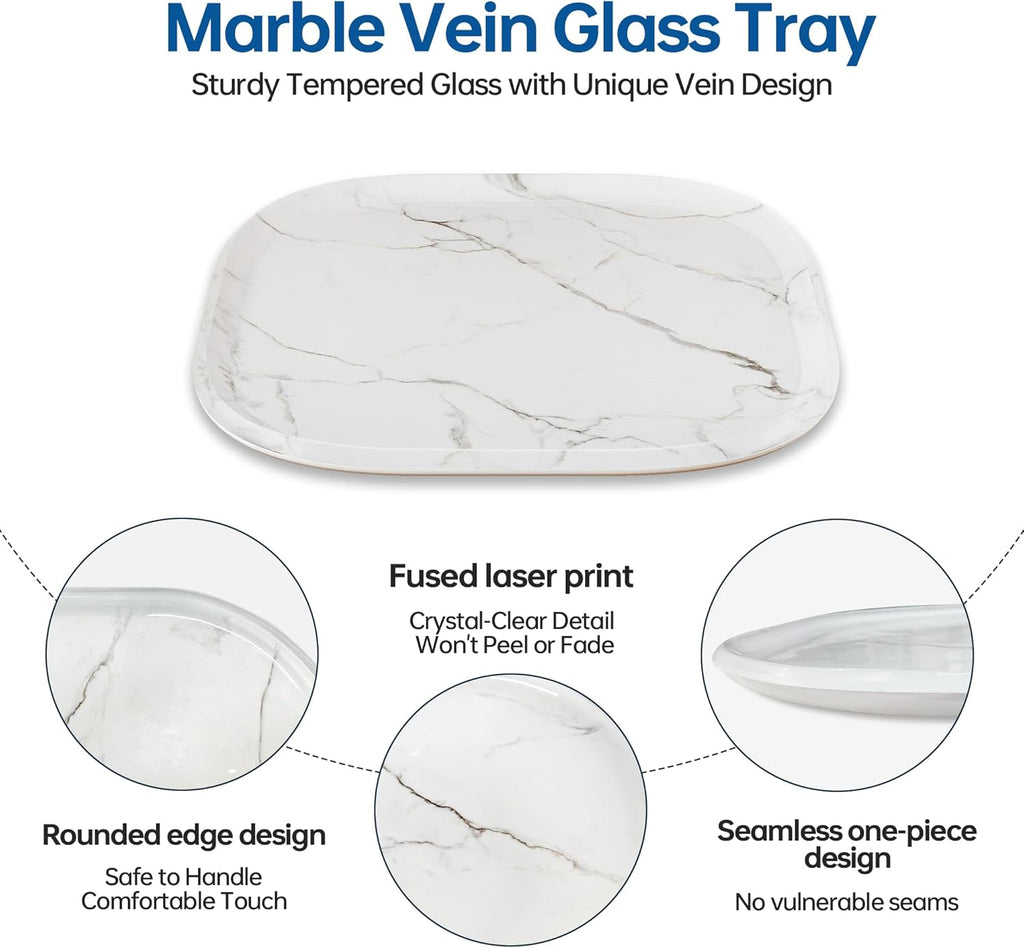Vanity Decorative Tray, 12" x 12" White Marble Pattern Perfume Tray, Bathroom Tray Countertop Organizer for Soap Towel, Jewelry, Candle