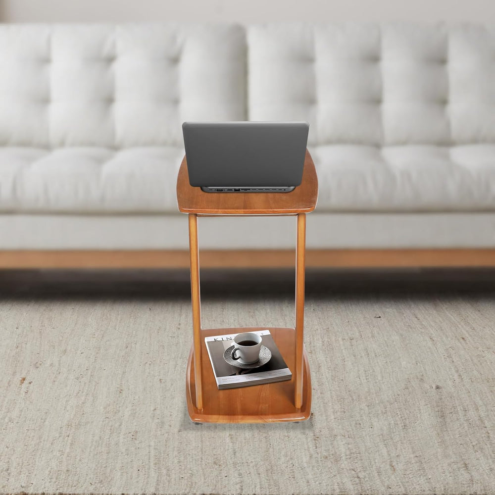 Solid Wood End Table with Rolling Wheels, C Shaped Side Table, TV Tray Table ...