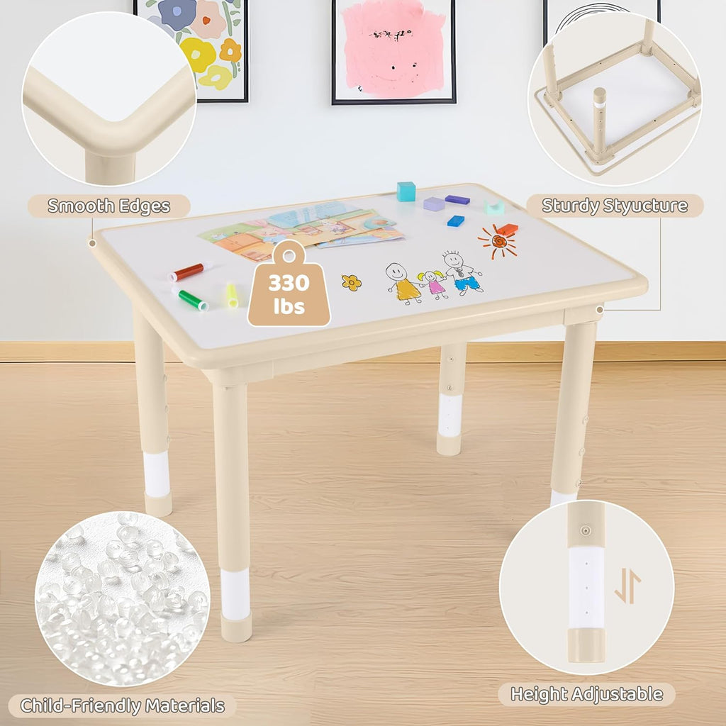 DOREROOM Kids Table and 4 Chairs Set, Height Adjustable (17.7"-26.1") Toddler Table and Chair Set, Multi-Activity Table with Graffiti Desktop, Children’s Table and Chairs for Classroom, Home & Daycare