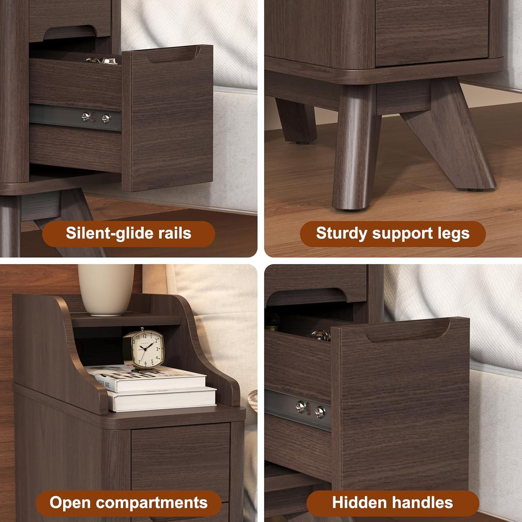 Narrow Nightstand with Drawers, Wood Night Stand with Charger Station, Narrow Bedside Table Modern Side Table Skinny End Table for Bedroom, Brown