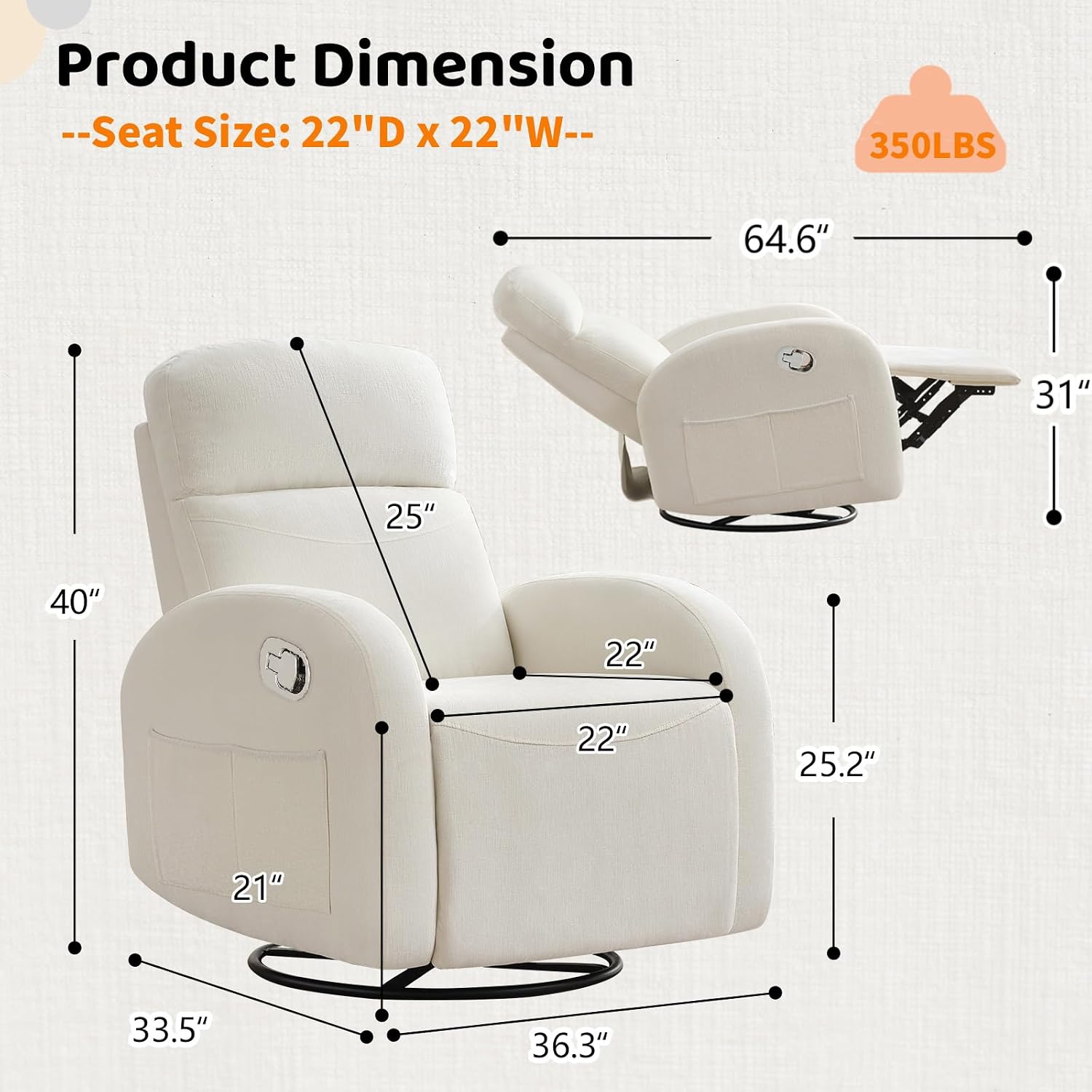 Manual Nursery Glider Recliner,Rocker Recliner Chair, Small Recliner Chair | Small Recliners for Small Spaces, 360° Swivel, 30° Rocker, Lumbar Support,2 Pockets, Chenille Cream White
