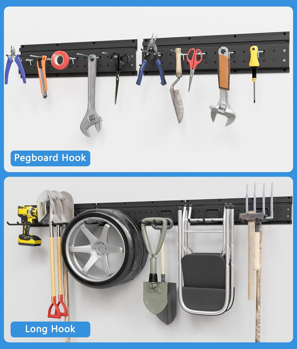 48 Inch Garage Storage Rack, Heavy Duty Wall Mount Organizer with 3 Metal Track Rails and 16 Hooks, Compatible with Pegboard and Slatwall, Black