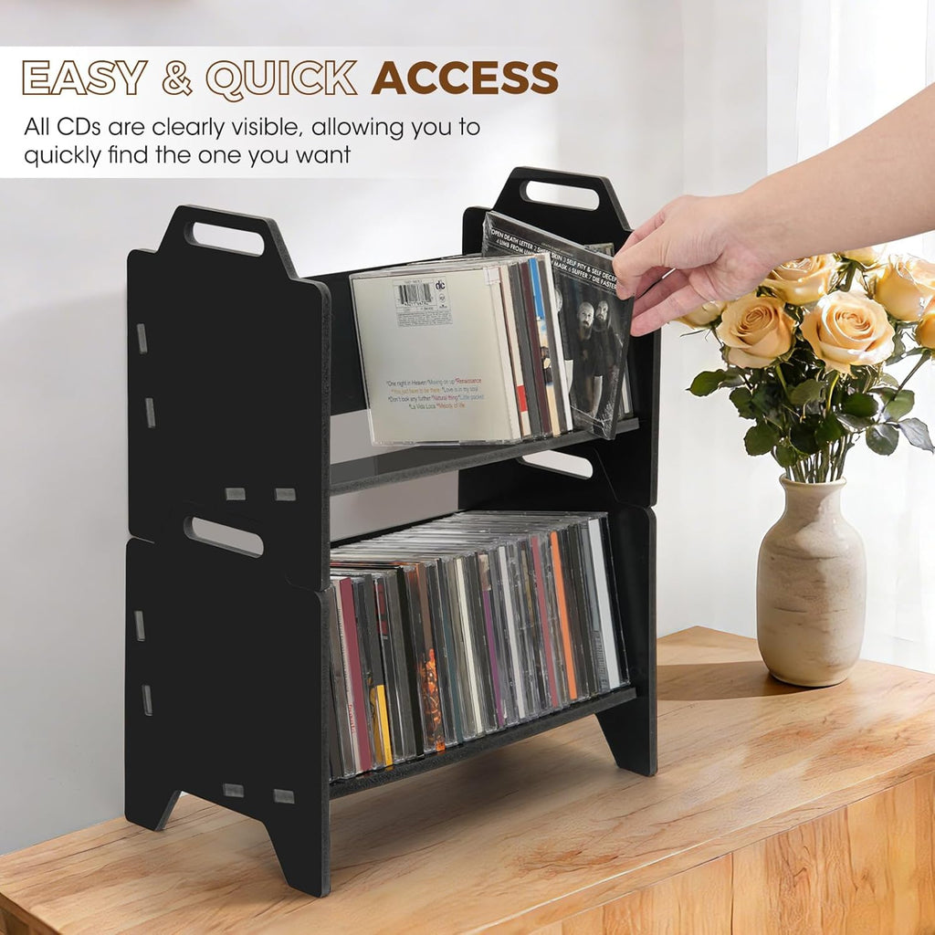 2 Pack Stackable CD Holder Organizer Rack, CD Storage Tower Shelf | Holds up to 56 CD Cases, Jewel Case Display Stand Fit for Theatre Room (Black)