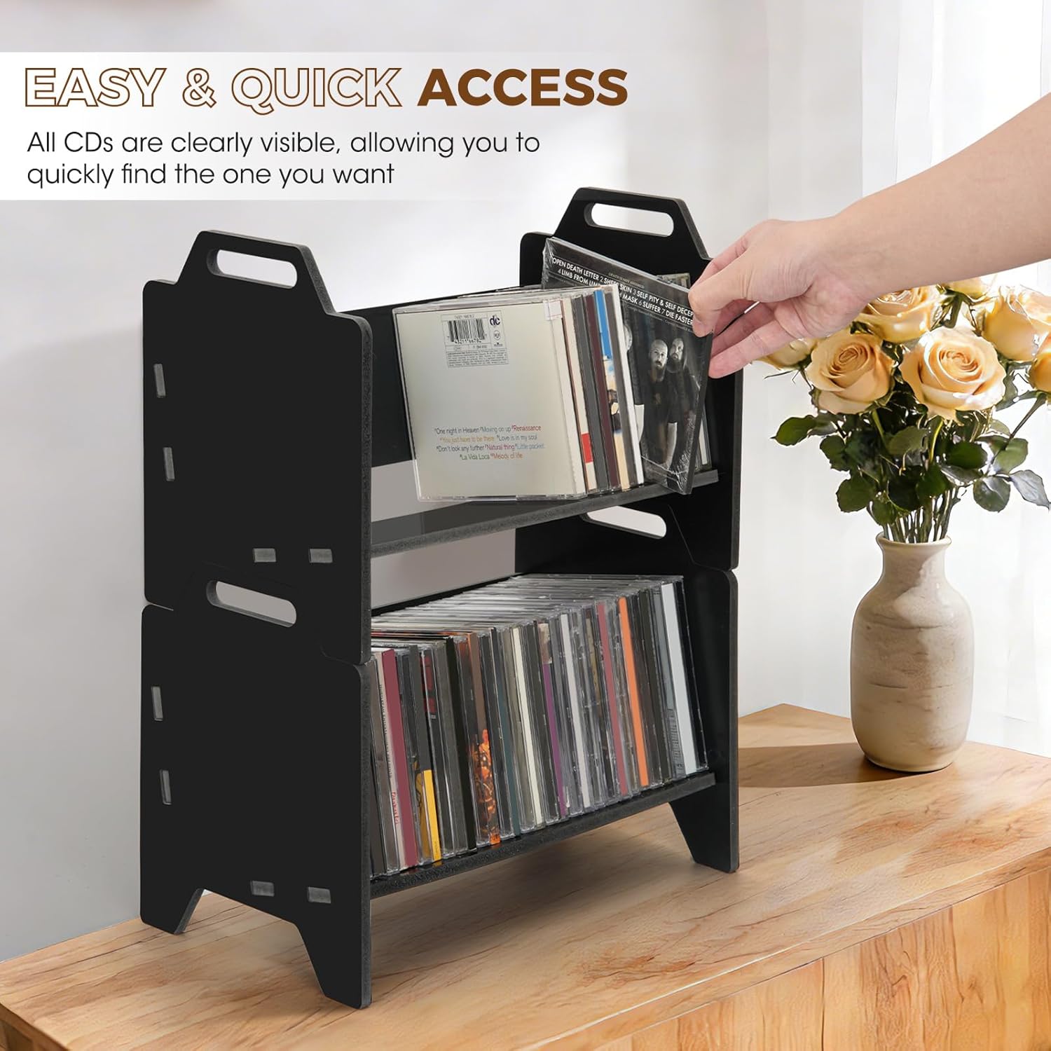 2 Pack Stackable CD Holder Organizer Rack, CD Storage Tower Shelf | Holds up to 56 CD Cases, Jewel Case Display Stand Fit for Theatre Room (Black)