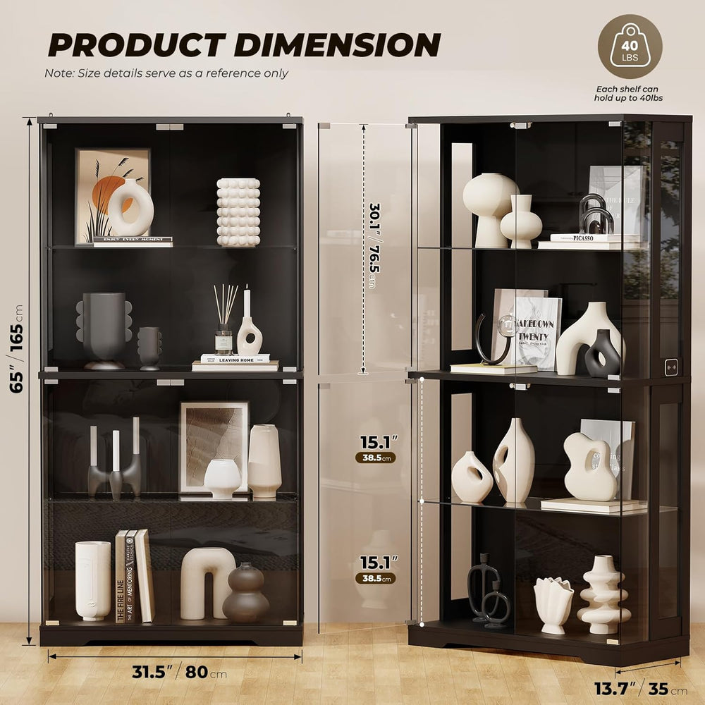 Display Cabinet with Glass Doors, 4-Tier Curio Cabinet with Transparent Full-...