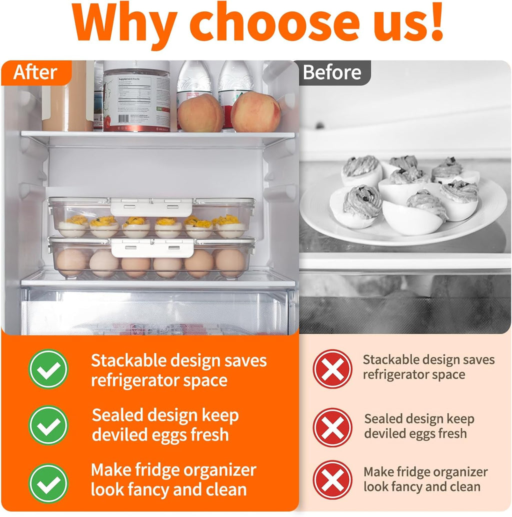 2 Pack Deviled Egg Containers with Lid and Handle, Durable Clear Plastic Deviled Egg Carrier Storage 48 Eggs, Stackable Egg Holder for Fridge, Portable Tray Platter for Party & Picnics-White