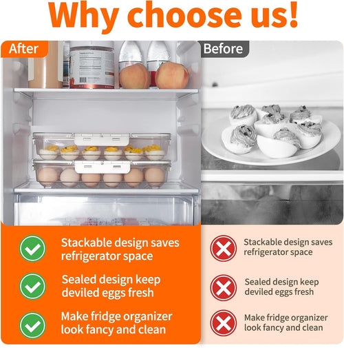 2 Pack Deviled Egg Containers with Lid and Handle, Durable Clear Plastic Deviled Egg Carrier Storage 48 Eggs, Stackable Egg Holder for Fridge, Portable Tray Platter for Party & Picnics-White