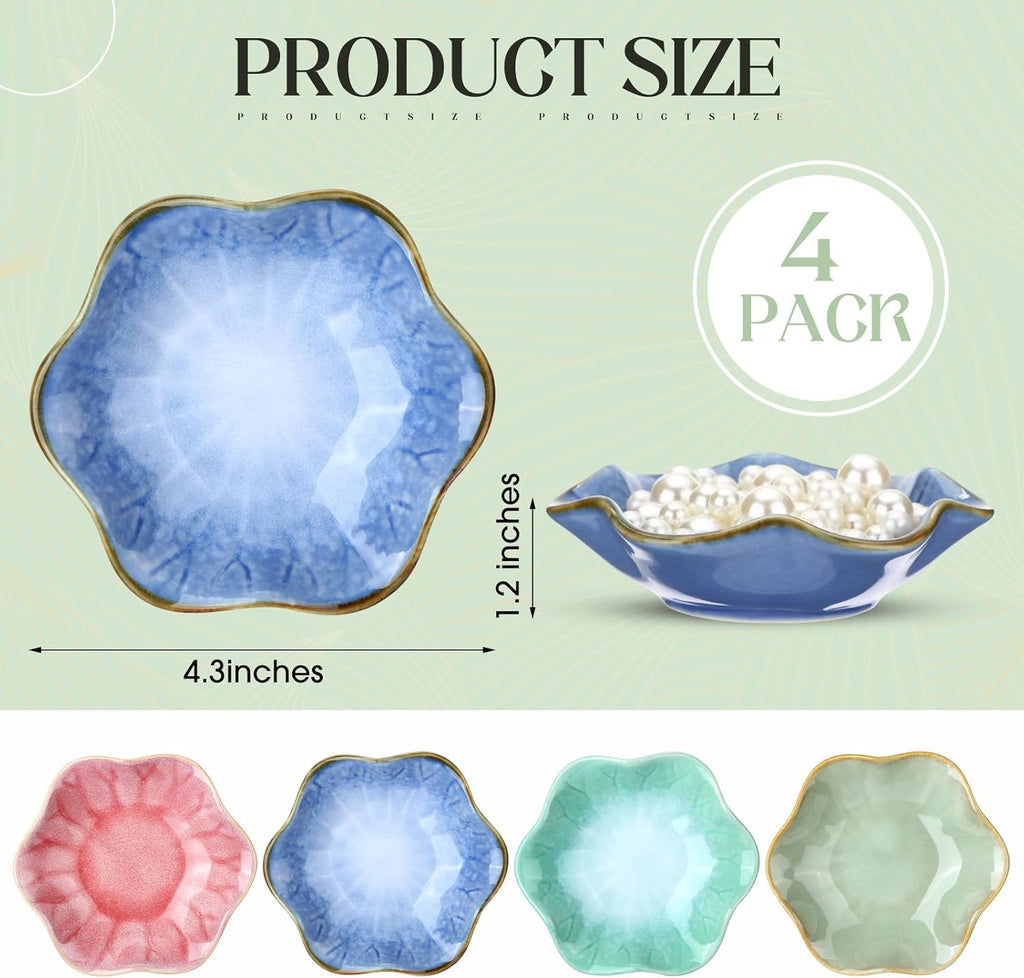 4 Pack Small Jewelry Dish Ceramic Trinket Holder Tray for Rings Earrings Key Bowl Women Mother's Day Wedding Gift (Pink,Blue,Cyan,Green)